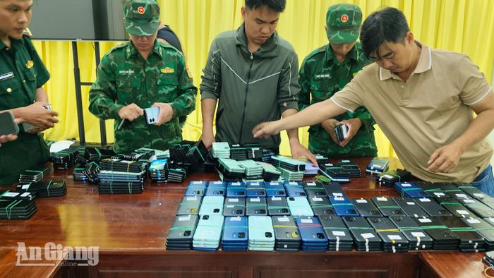 Cán bộ nghiệp vụ đội đặc nhiệm và Đồn Biên phòng Phú Hữu kiểm đếm tang vật.