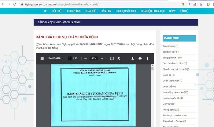 Công khai giá dịch vụ khám bệnh, chữa bệnh trên cổng điện tử của Bệnh viện