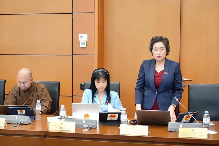 Đại biểu Lò Thị Luyến, Phó Trưởng Đoàn ĐBQH tỉnh phát biểu ý kiến tại phiên thảo luận.