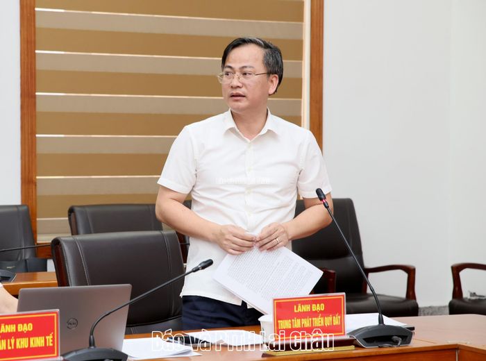 Lãnh đạo Trung tâm Phát triển quỹ đất tỉnh phát biểu tại hội nghị. 