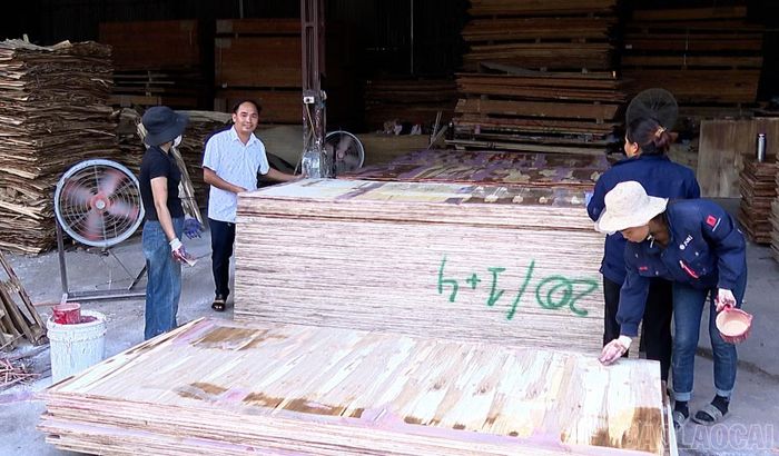 Ông Đỗ Cao Cường (áo trắng) động viên người lao động tại khu vực sản xuất ván ép.