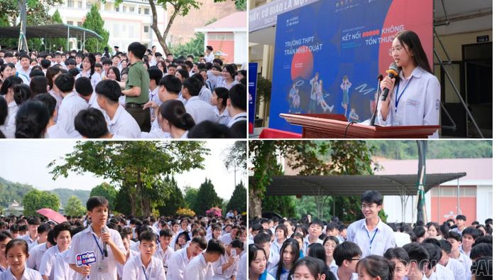 Cán bộ an ninh mạng trao đổi với học sinh trong hoạt động “5 phút cùng em”, hướng dẫn nhận diện và ứng phó với các nguy cơ mất an toàn trên không gian mạng.