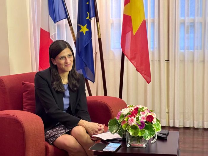 Bà Éléonore Caroit tại buổi họp báo ở Đại sứ quán Pháp tại Hà Nội, ngày 19/10.
