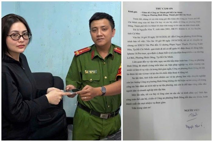 Công an phường Bình Đông trao trả lại chiếc điện thoại đánh rơi cho chủ nhân và lá thư cảm ơn của chị Nguyễn Như Ý.