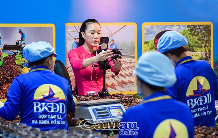 Tiếp cận thương mại điện tử, phụ nữ Cà Mau đưa đặc sản địa phương đến gần hơn với người tiêu dùng. (Trong ảnh: Chị Trần Thị Xa, Giám đốc Hợp tác xã Ba khía Ðầm Dơi, quảng bá sản phẩm trên sàn thương mại điện tử).