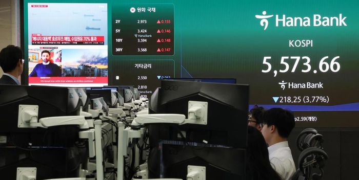Bảng điện tử tại phòng giao dịch Hana Bank ở Seoul (Hàn Quốc) hiển thị chỉ số Kospi chốt phiên 21/10/2026, tăng 3,29%, lên 5.735,66 điểm. Ảnh: Kim Sung-jin/News1.
