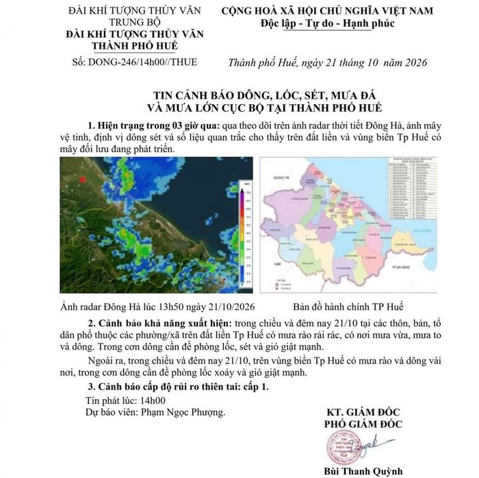 Tin cảnh báo của Đài KTTV Tp Huế lúc 1400 ngày 21/10/2026