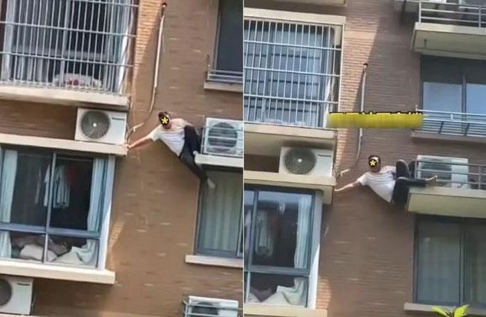 Người đàn ông la lớn cầu cứu trong tình thế nguy hiểm khi cố gắng bám víu vào lan can ban công. Ảnh: Sohu.