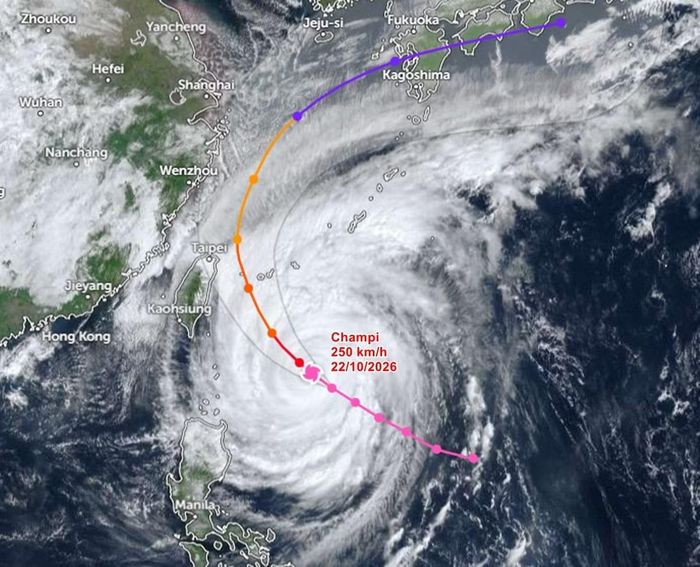 Vị trí hiện tại và đường đi dự báo của siêu bão Champi. Ảnh: Zoom Earth, JMA/ NOAA, Himawari, JTWC.