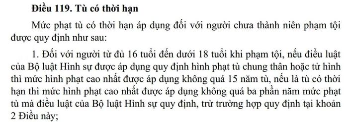 Một phần của Điều 119 Luật Tư pháp người chưa thành niên. (Ảnh chụp màn hình).