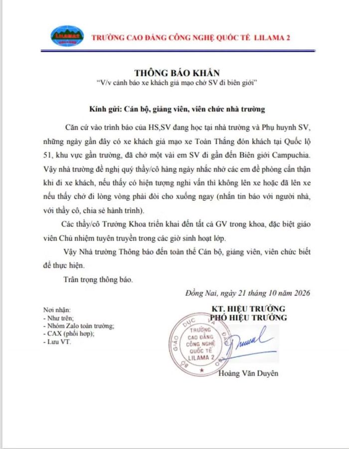 Văn bản thông báo của trường Cao đẳng Công nghệ quốc tế LILAMA 2. (Ảnh: Fanpage nhà trường)