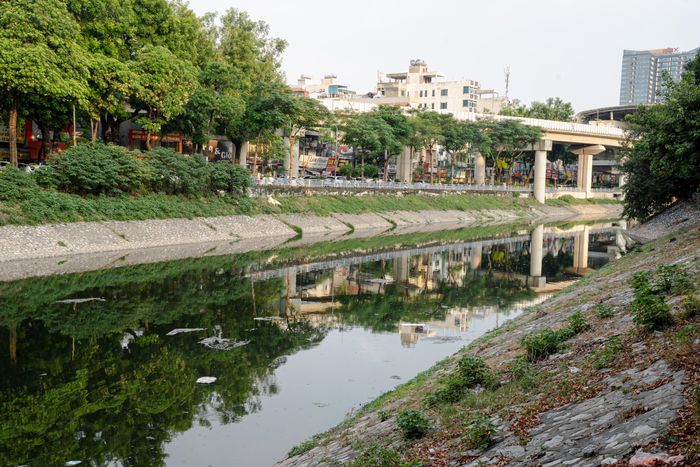 Tại khu vực Thanh Xuân, nước sông chuyển màu xanh rêu, xen lẫn nhiều mảng váng đen nhỏ nổi rải rác trên bề mặt. Lớp váng xuất hiện dọc dòng chảy, khiến mặt nước loang lổ, làm gia tăng tình trạng ô nhiễm cảnh quan sông Tô Lịch.