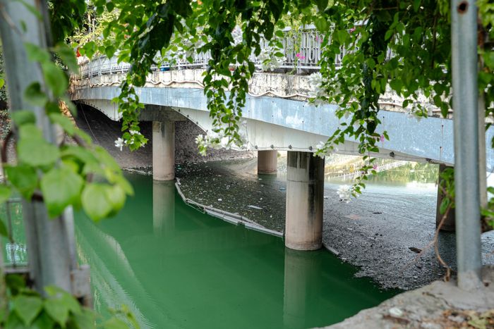 Ghi nhận tại khu vực đường Nguyễn Khang (phường Yên Hòa), váng đen tụ thành mảng lớn dưới chân cầu, phủ trên bề mặt nước và bốc mùi hôi thối.
