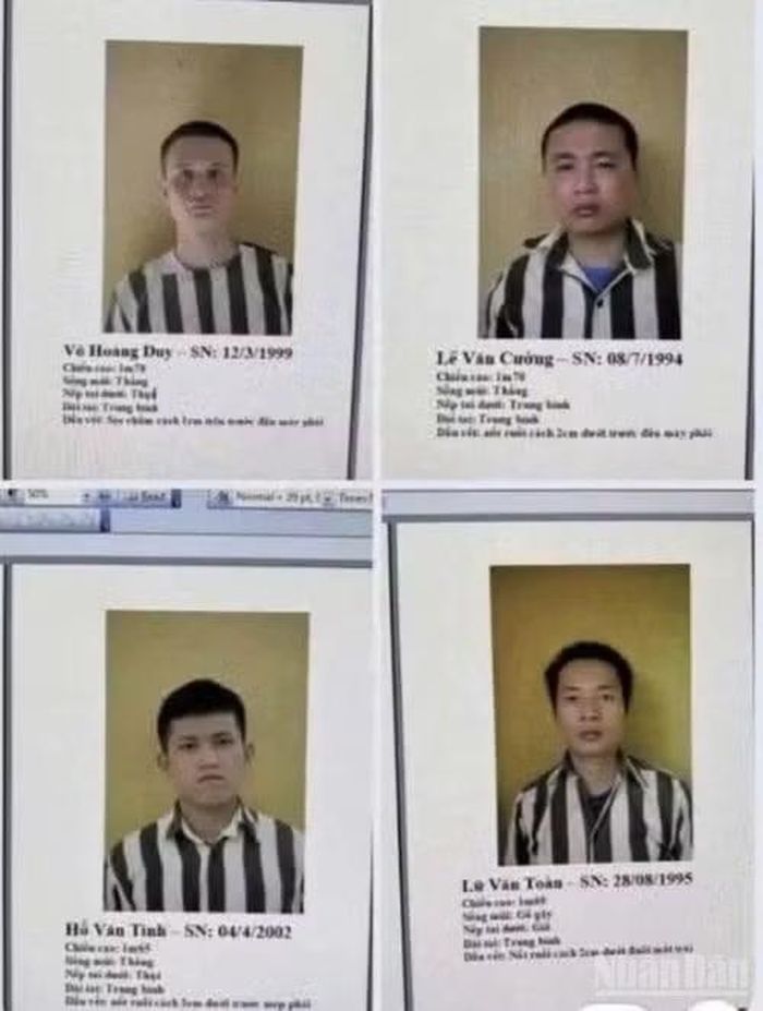 Bốn phạm nhân bỏ trốn tại Trại giam A2, Bộ Công An. (Ảnh: Công an cung cấp)