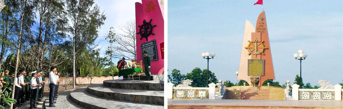 Ảnh trái: Di tích “Đường Hồ Chí Minh trên biển” tại bến Thạnh Phong, Bến Tre (nay là tỉnh Vĩnh Long). Ảnh phải: Bia Di tích “Đường Hồ Chí Minh trên biển” tại bến Lộc An, Bà Rịa – Vũng Tàu (nay là TP Hồ Chí Minh).