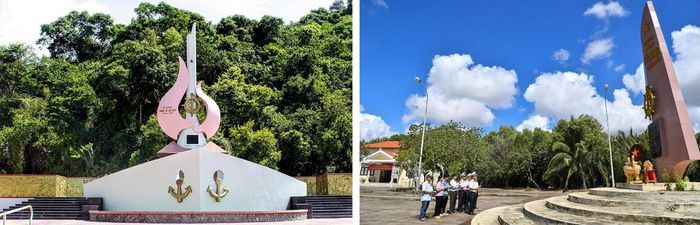 Ảnh trái: Bia Di tích “Đường Hồ Chí Minh trên biển” tại bến Vũng Rô, Phú Yên (nay là tỉnh Đắk Lắk). Ảnh phải: Di tích “Đường Hồ Chí Minh trên biển” tại bến Cồn Tàu, Trà Vinh (nay là tỉnh Vĩnh Long).