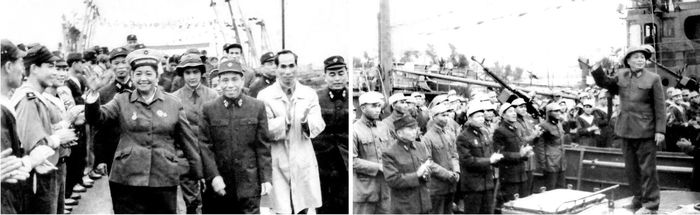 Ảnh trái: Đồng chí Nguyễn Thị Định, Phó tư lệnh Quân giải phóng miền Nam đến thăm đơn vị, năm 1969. Ảnh phải: Đại tướng Võ Nguyên Giáp đến thăm và nói chuyện thân mật với cán bộ, chiến sĩ Tiểu đoàn 1, Đoàn 125 tại bến Bích Động (Thủy Nguyên, Hải Phòng), năm 1970.
