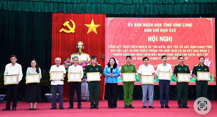  UBND tỉnh Vĩnh Long tặng Bằng khen cho các tập thể, cá nhân và hộ gia đình có thành tích xuất sắc trong công tác tìm kiếm, quy tập hài cốt liệt sĩ năm 2026 và giai đoạn 1 Chiến dịch 500 ngày đêm 