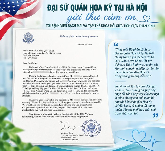  Đại sứ quán Hoa Kỳ tại Hà Nội gửi thư cảm ơn Bệnh viện Bạch Mai sau khi người bệnh hồi phục. Ảnh: Bệnh viện cung cấp 