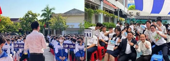 Trong các buổi tư vấn hướng nghiệp cùng học sinh, TS Huỳnh Anh Bình luôn mang đến sân trường bầu không khí chia sẻ cởi mở. Tấm lưng áo ướt đẫm mồ hôi của ông cho thấy sự tận tâm của ông với công việc.