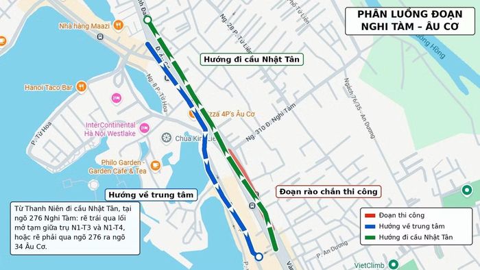Khu vực điều chỉnh giao thông trên trục Nghi Tàm – Âu Cơ phục vụ thi công cầu Tứ Liên. Đồ họa: Doãn Cường