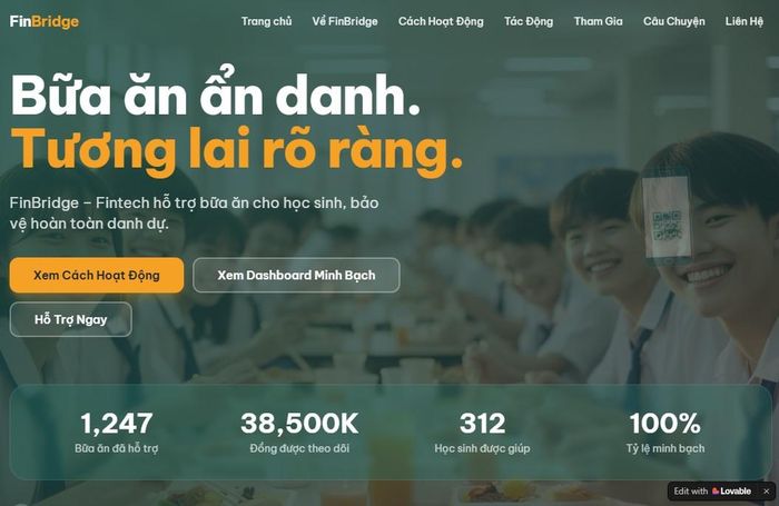 Trang web của FinBridge - một sáng kiến ứng dụng công nghệ tài chính để hỗ trợ bữa ăn cho các học sinh có hoàn cảnh khó khăn