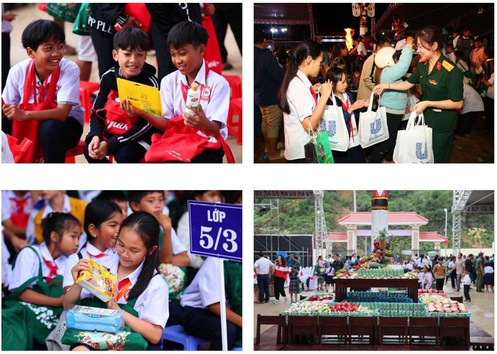 Nhờ sự chung tay từ các thương hiệu đồng hành, hàng nghìn phần quà thiết yếu đã được trao tận tay các em, thắp sáng niềm vui ngày hội vùng biên.