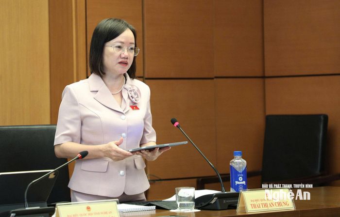 Đại biểu Thái Thị An Chung - Phó trưởng Đoàn chuyên trách Đoàn ĐBQH tỉnh phát biểu thảo luận. Ảnh: Khánh Duy