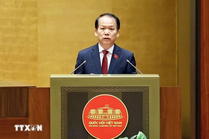 Bộ trưởng Bộ Tư pháp Hoàng Thanh Tùng, thừa ủy quyền của Thủ tướng Chính phủ trình bày Tờ trình về dự án Luật Nhà ở (sửa đổi). (Ảnh: Doãn Tấn/TTXVN)