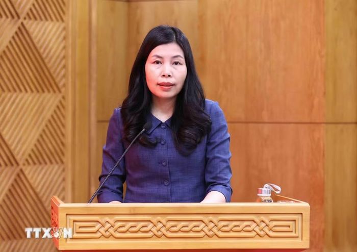 Đồng chí Đỗ Thị Trang, Ủy viên Ban Chấp hành Đảng bộ các cơ quan Đảng Trung ương và Phó Bí thư chuyên trách Đảng ủy Thông tấn xã Việt Nam, phát biểu tham luận. (Ảnh: An Đăng/TTXVN)