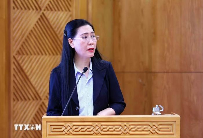 Đồng chí Bùi Thị Quỳnh Vân, Ủy viên Trung ương Đảng, Bí thư Đảng ủy, Phó Trưởng Ban Tổ chức Trung ương, phát biểu. (Ảnh: An Đăng/TTXVN)