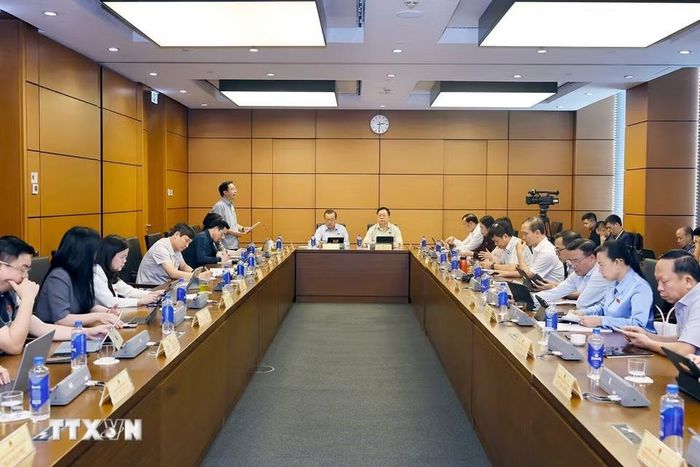 Đoàn đại biểu Quốc hội các tỉnh Hưng Yên và Tây Ninh thảo luận ở tổ. (Ảnh: Doãn Tấn/TTXVN)