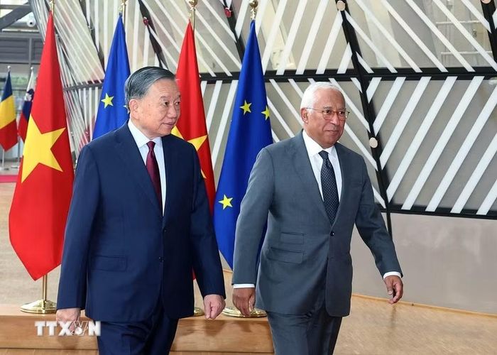 Tổng Bí thư, Chủ tịch nước Tô Lâm và Chủ tịch Hội đồng châu Âu Antonio Costa. Ảnh: (Thống Nhất/TTXVN)
