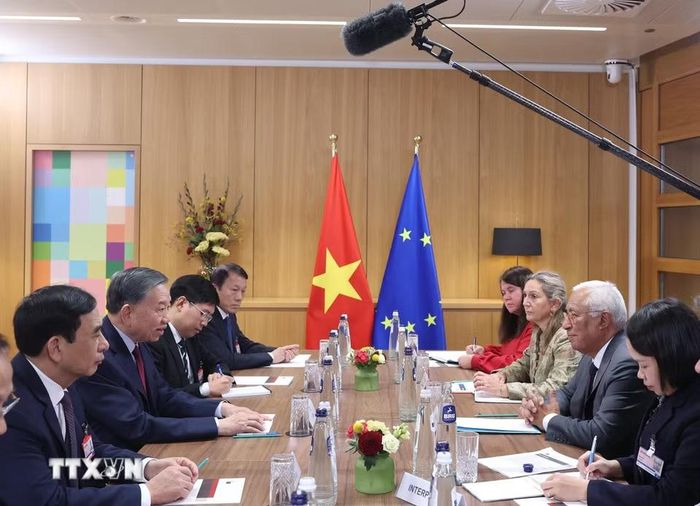 Tổng Bí thư, Chủ tịch nước Tô Lâm gặp hẹp Chủ tịch Hội đồng châu Âu Antonio Costa trước hội đàm. (Ảnh: Thống Nhất/TTXVN)