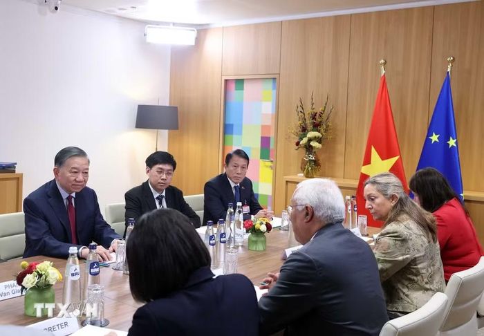 Tổng Bí thư, Chủ tịch nước Tô Lâm gặp hẹp Chủ tịch Hội đồng châu Âu Antonio Costa trước hội đàm. (Ảnh: Thống Nhất/TTXVN)