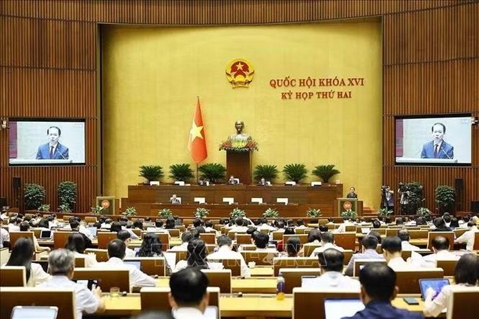 Bộ trưởng Bộ Tư pháp Hoàng Thanh Tùng, thừa ủy quyền của Thủ tướng Chính phủ trình bày Tờ trình về dự án Luật Đất đai (sửa đổi). Ảnh: Doãn Tấn/TTXVN.