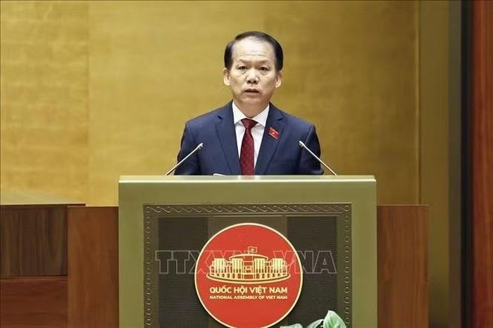 Bộ trưởng Bộ Tư pháp Hoàng Thanh Tùng, thừa ủy quyền của Thủ tướng Chính phủ trình bày Tờ trình về dự án Luật Đất đai (sửa đổi). Ảnh: Doãn Tấn/TTXVN