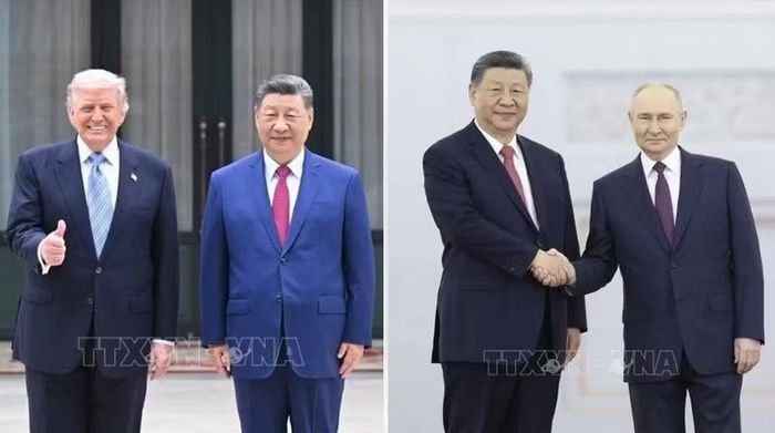 Chủ tịch Trung Quốc Tập Cận Bình và Tổng thống Mỹ Donald Trump (trái); Chủ tịch Trung Quốc Tập Cận Bình và Tổng thống Liên bang Nga Vladimir Putin. Ảnh: THX/TTXVN