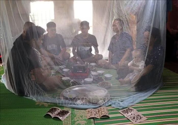 Người dân thôn Cốc Pảng, xã Du Già, phải mắc màn khi ăn cơm để hạn chế ruồi nhặng do ô nhiễm từ bãi rác.