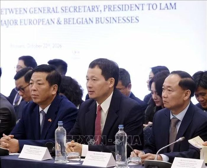 Các đại biểu đoàn Việt Nam tham dự Toạ đàm cấp cao giữa Tổng Bí thư, Chủ tịch nước Tô Lâm với lãnh đạo doanh nghiệp tiêu biểu châu Âu và Bỉ. Ảnh: Thống Nhất/TTXVN
