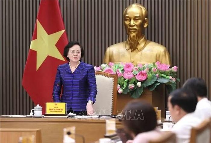 Phó Thủ tướng Phạm Thị Thanh Trà, Trưởng Ban Công tác liên ngành đối ngoại và hội nhập quốc tế về Văn hóa, Xã hội, Giáo dục - Đào tạo chủ trì họp Ban Công tác. Ảnh: An Đăng/TTXVN