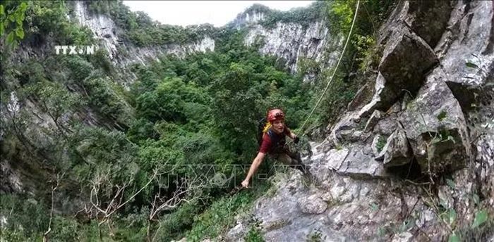 Thành viên đoàn thám hiểm sử dụng thiết bị leo dây chuyên dụng để tiếp cận, khảo sát hố sụt tự nhiên sâu khoảng 120 mét tại Vườn Quốc gia Phong Nha - Kẻ Bàng (tỉnh Quảng Trị). Ảnh: TTXVN phát