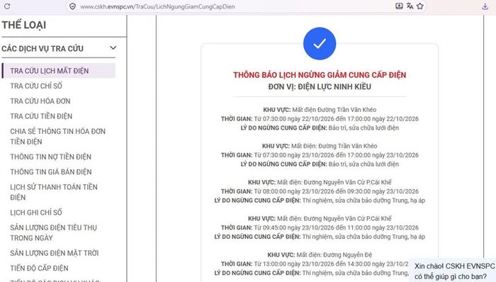 Lịch ngừng cấp điện tại Cần Thơ ngày mai 23/10 được cập nhật lúc 15h35 ngày 22/10 tại website của EVNSPC. Ảnh: BNEWS phát