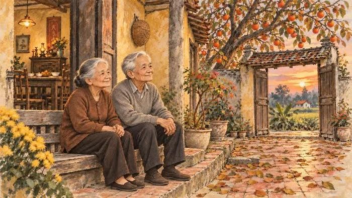 Thời gian lặng lẽ trôi qua trên dáng hình cha mẹ. Ảnh: AI