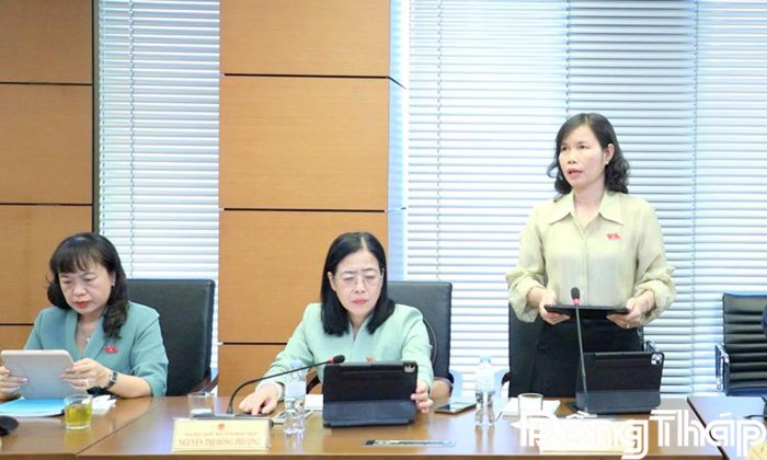 Đại biểu Hoàng Thi Thơ, đại biểu Quốc hội tỉnh Đồng Tháp, phát biểu thảo luận.