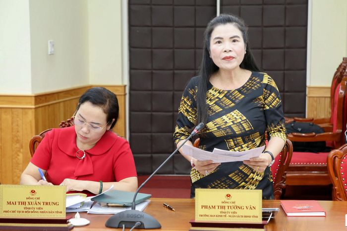 Đồng chí Phạm Thị Tường Vân, Tỉnh ủy viên, Trưởng Ban Kinh tế - Ngân sách HĐND tỉnh Lâm Đồng trình bày các tờ trình tại phiên họp