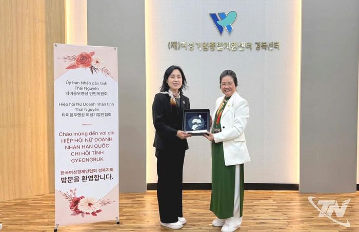 Đại diện Hiệp hội Nữ Doanh nhân tỉnh Thái Nguyên tặng quà Chi Hiệp hội Nữ Doanh nhân Hàn Quốc.