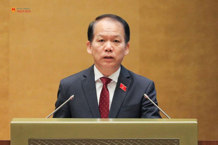 Bộ trưởng Bộ Tư pháp Hoàng Thanh Tùng trình bày Tờ trình dự án Luật Đất đai (sửa đổi). Ảnh: Hồ Long