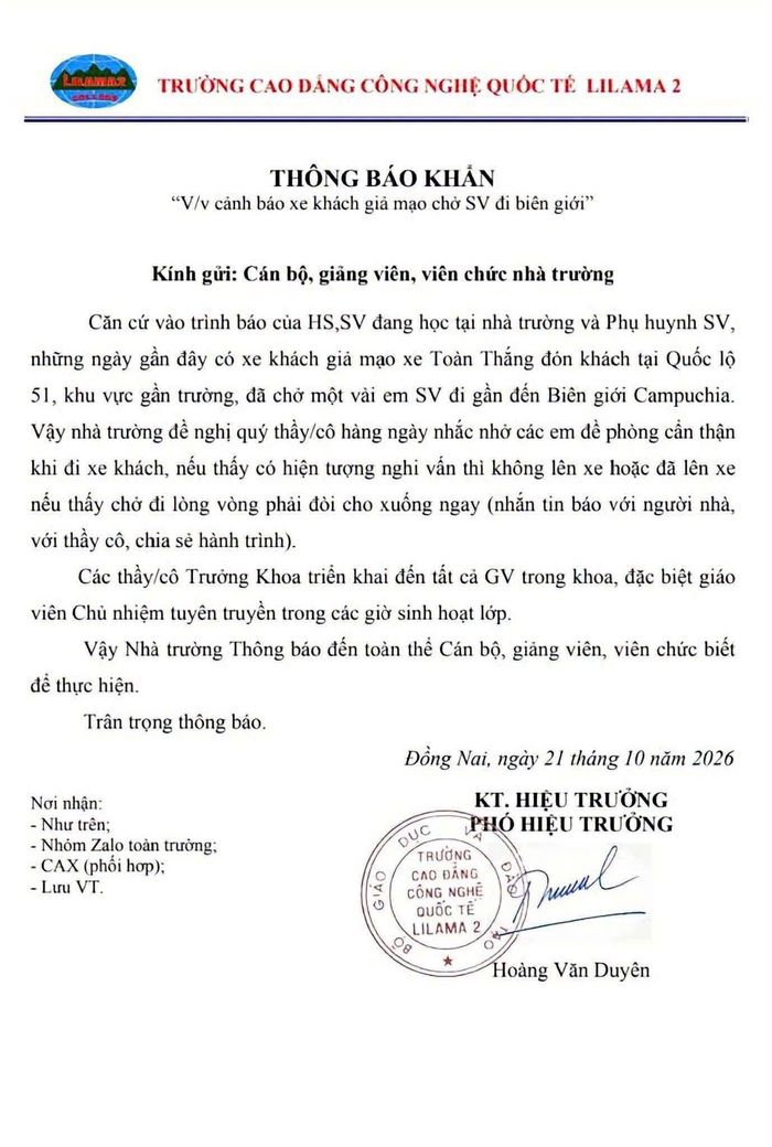 Trường cao đẳng Công nghệ quốc tế Lilama 2 (TP Đồng Nai) đã phát thông báo khẩn