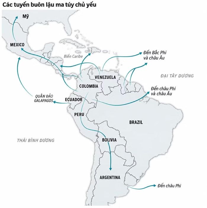 Bản đồ do Báo The Wall Street Journal thực hiện cho thấy các tuyến vận chuyển ma túy chủ yếu khỏi Nam Mỹ hiện nay